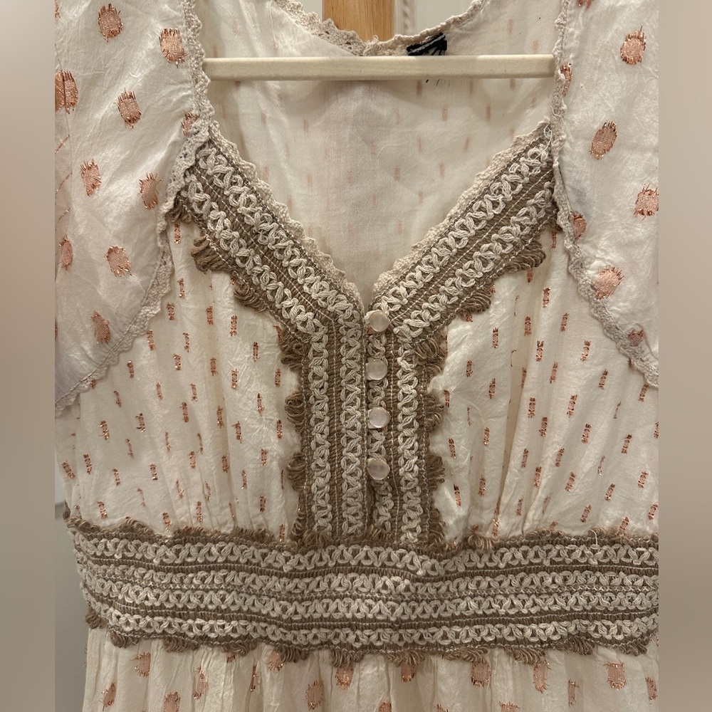 Boho Metallic Thread Maxi Dress | Cream Rose Gold Embroidered | Crochet Trim | - Picture 3 of 7